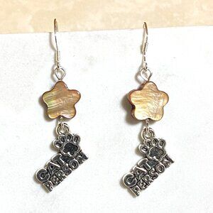 2/$20, Dark Mother of Pearl Flower + Cat Person Dangle Earrings
